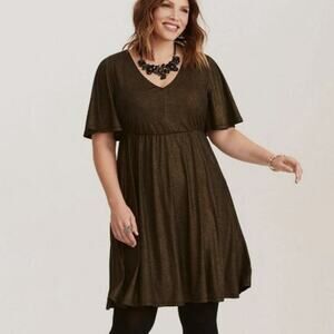 Torrid Womens 3X Plus Size Dress Gold Black Shimmer V Neck Skater Short Sleeve